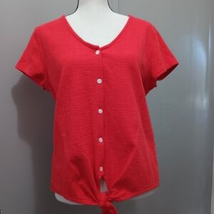 JCrew short sleeve coral tie waist button up top. Size M